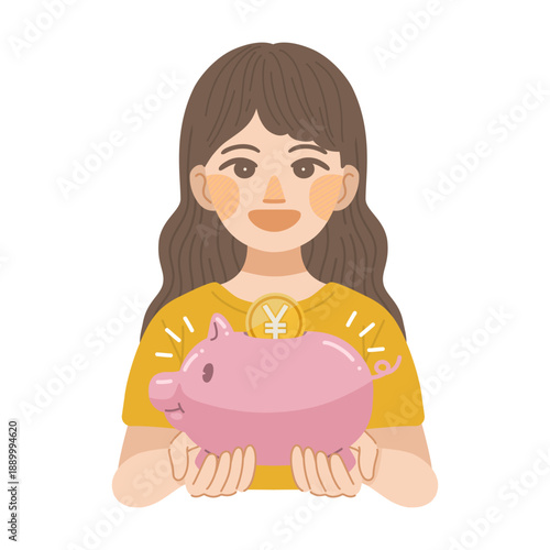 豚の貯金箱を笑顔で持つ、女性のイラスト