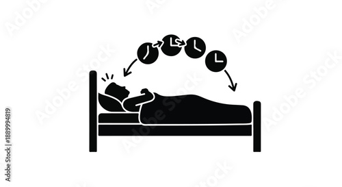 Person lying in bed with clocks floating above