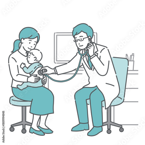 白衣を着用した男性医師による赤ちゃんの背中の聴診イラスト（乳児健診）