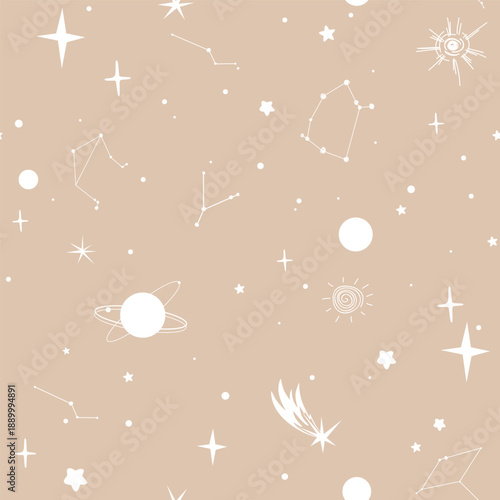 Trendy celestial seamless pattern with hand drawn spiritual space stars, planets, and constellations. Boho magic background. Design for textile, cards, fabric, print, greeting, poster, clothes