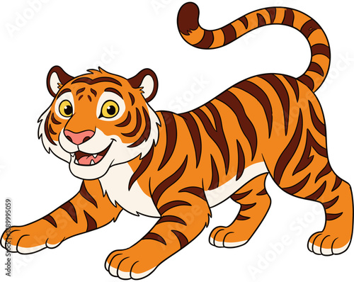 Photography Cute cartoon tiger character standing on white background, friendly jungle animal vector illustration, happy wild cat mascot for children project