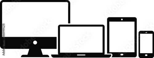 Collection of modern electronic devices including desktop computer laptop tablet and smartphone shown in a row