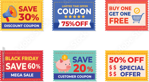 Collection of coupon and sale labels, with coupon code, percent price off, best deal badge, special offer isolated on background. Sale badge, discount voucher icon set in vector illustration
