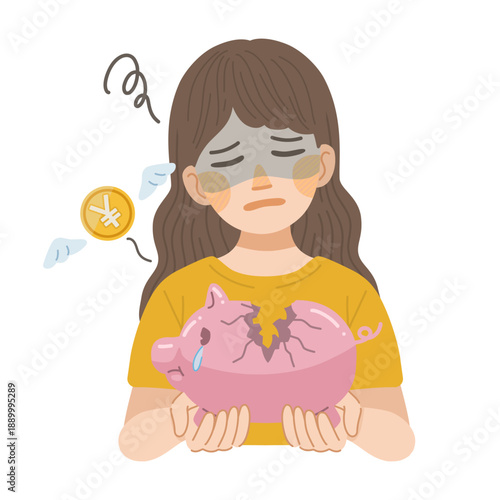割れた豚の貯金箱から、お金が減っていく事を悲しむ女性のイラスト