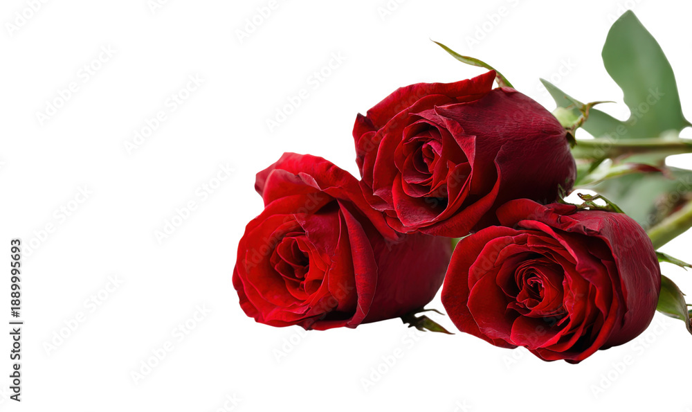 Naklejka premium Three vibrant red roses isolated on transparent background romantic floral gift