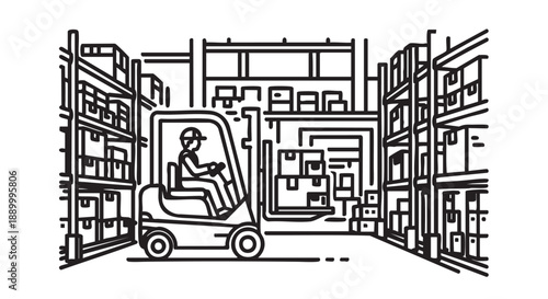 A person operating a forklift in a warehouse with shelves and storage units viewed from the front