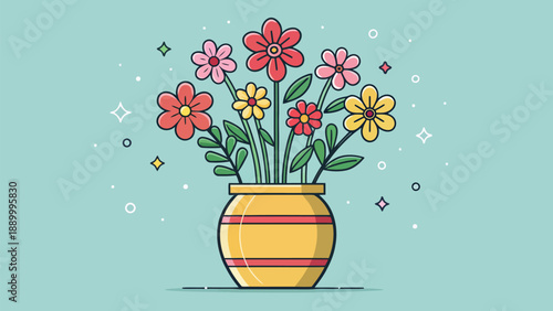 Bold outlined cartoon flower vase in cheerful pastel colors, flat vector illustration ideal for cheerful branding and kids' content.