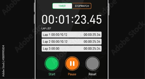Stopwatch timer app on smartphone screen with lap times and controls