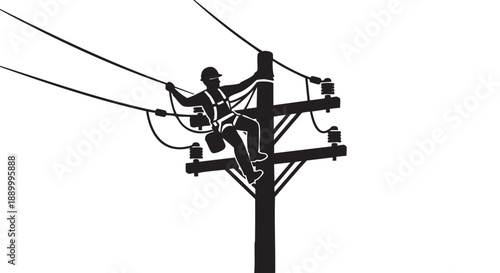 Lineman working on power lines atop a utility pole in a high voltage environment from a low angle viewpoint