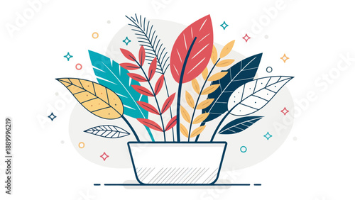 Floral pot with abstract leaves in a modern geometric style, a clean vector illustration for contemporary design projects.