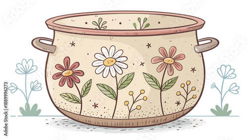 Hand-drawn floral pot with playful, uneven lines and a whimsical vector illustration, perfect for organic and artistic designs.
