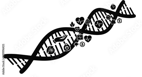 DNA double helix structure with symbols and icons