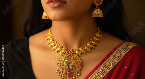 Elegant Indian Woman Displays Exquisite Gold Jewelry and Traditional Saree