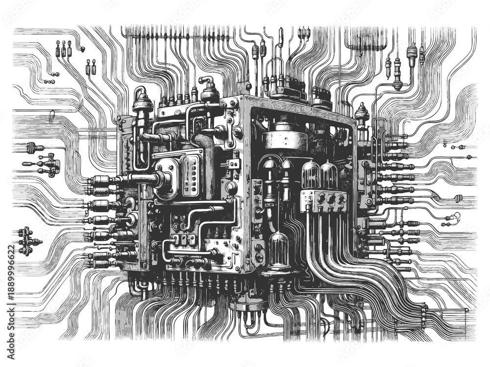 Obraz premium vintage machine resembling a mechanical computer, filled with wires, pipes, and vacuum tubes sketch engraving generative ai raster illustration. Scratch board imitation. Black and white image.