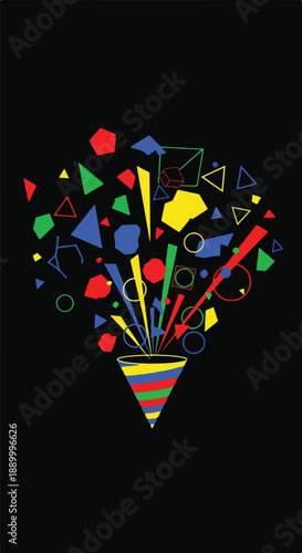 Vibrant geometric shapes exploding from a colorful party popper on a dark background, symbolizing celebration, joy, and abstract design.