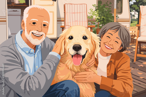 An elderly couple smiling together while holding their golden retriever in a garden.
