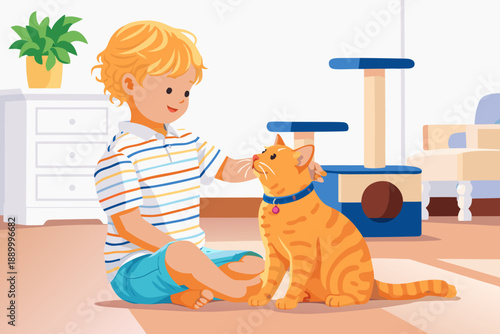 A young boy kneeling on the floor to play with his ginger cat near a scratching post.