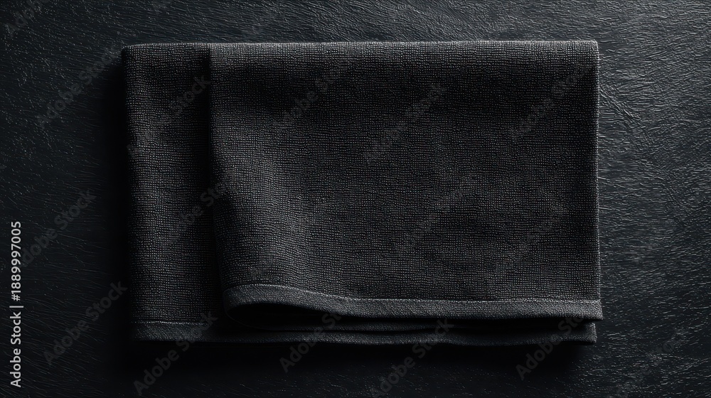 Fototapeta premium Monochrome kitchen towel arrangement: black linen fabric folded on a black backdrop with empty space for text
