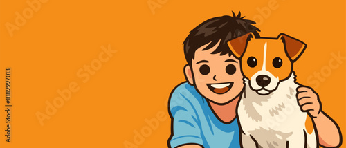 Two children looking out of a window with their pet dog on a bright orange background.