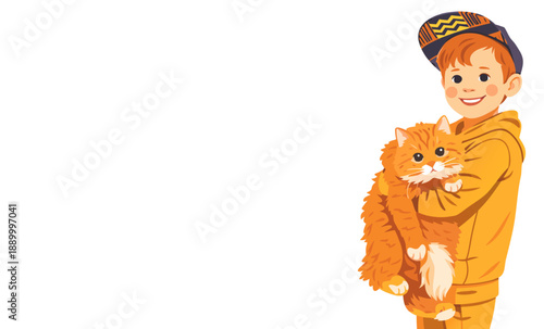 A young child in a bright orange hoodie standing with a small pet cat