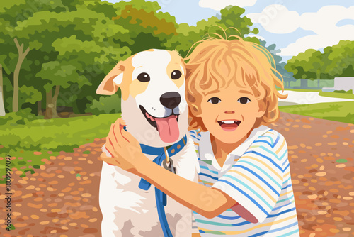 A happy boy running through a green field with his white and brown dog.