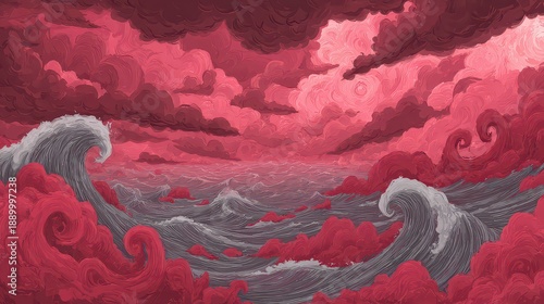 Pixelated Red Cloudy Sky over Wavy Gray Ocean Digital Art Illustration with Textured Clouds and Swirling Ocean Waves in an Atmospheric Scene