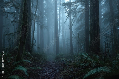 Moody woodland shrouded in fog and muted light