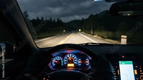 POV driving a car at night on a winding mountain road. Interior view of dashboard lights and GPS navigation screen during a solitary journey