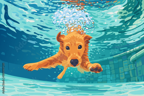 A golden retriever swimming underwater in a clear blue pool.