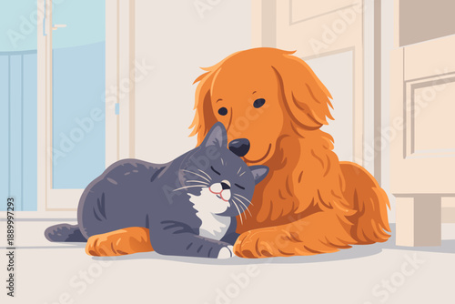 A young child hugging a large ginger cat on a soft white rug.