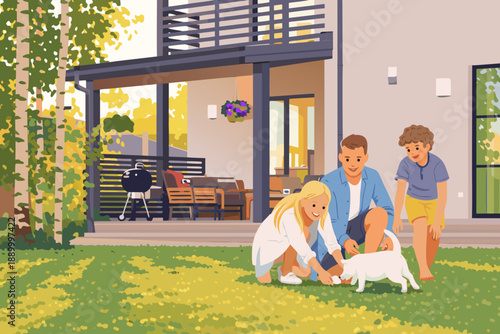 A family having a picnic in their backyard garden on a beautiful day.