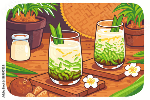 Two glasses of refreshing green lime juice on a tropical wooden table.