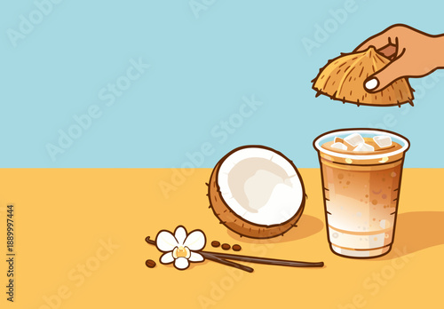 Hand pouring milk into a glass of iced coffee with a coconut nearby.
