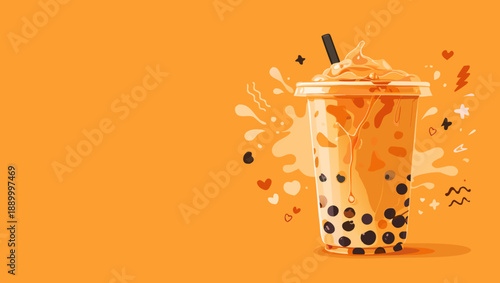 A tall glass of orange bubble tea with tapioca pearls on a bright background.