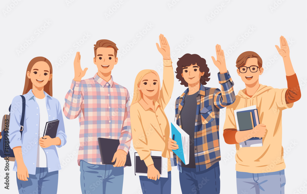 Fototapeta premium Five students waving their hands happily in front of a white wall.