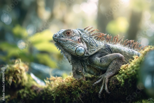 Wallpaper Mural Natural scene of a green iguana on a branch in dense jungle light Torontodigital.ca