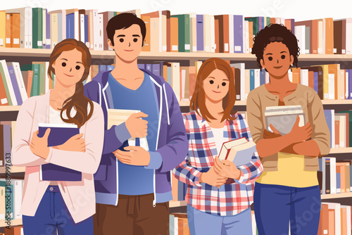 A group of students holding books in front of a large library bookshelf.