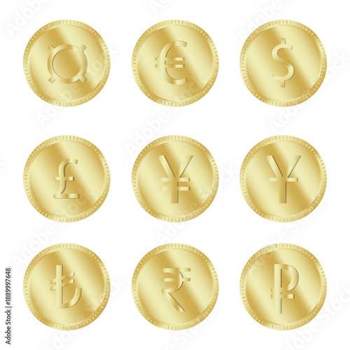 Set ten coins. Gold currency symbols. Various money tokens. Vector financial icons.