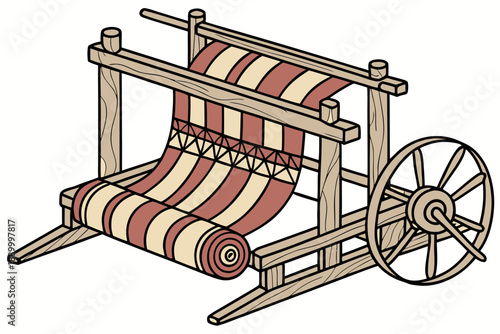 Antique wooden weaving loom with patterned textile being created
