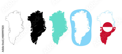 Cartoon vector illustration set of Greenland maps displayed in four distinct styles. Clip art for geography education