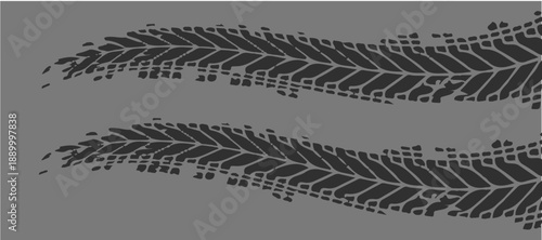 Cartoon vector illustration featuring panoramic vehicle tire tracks across a grey background. Background for transportation themes, automotive branding, motion concepts and road safety