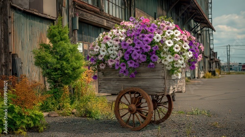 Rustic Wooden Cart Bursting with Vibrant Pink Purple and White Flowers Against an Industrial Backdrop Under a Cloudy Blue Sky
