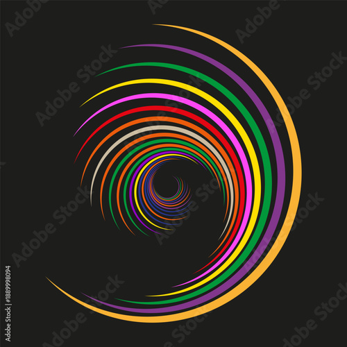 Bright spiral swirl. Colorful curve pattern. Abstract Vector background. Creative rainbow twist.