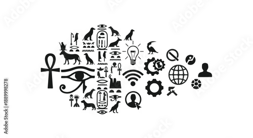 Egyptian symbols and modern icons in brain shape