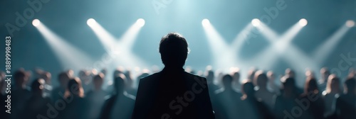 A silhouetted speaker stands before a blurred crowd, illuminated by bright spotlights on stage. The scene captures anticipation and the energy of a live audience event.
