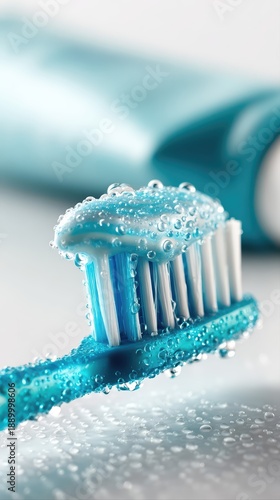 A closeup of a wet blue toothbrush with toothpaste and water droplets. This dental hygiene macro image highlights cleanliness and freshness for oral care.