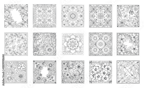 Vintage Floral Ornament Square Tiles Set, Hand Drawn Line Art