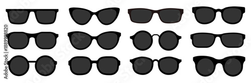 Set black spectacles. Eyeglasses and sunglasses icon collection vector illustration. Vintage, classic and modern style glasses rim silhouette. Stylish male and female optical accessories isolated.