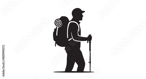 A lone hiker with a backpack and trekking pole walks through a serene landscape