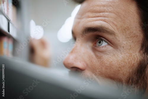 Man looking intently, concentrating and choosing product